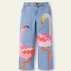 Mini Boden Kids' Flamingo  Appliqué Jeans In Mid Vintage Denim Size 7Y (122CM)
